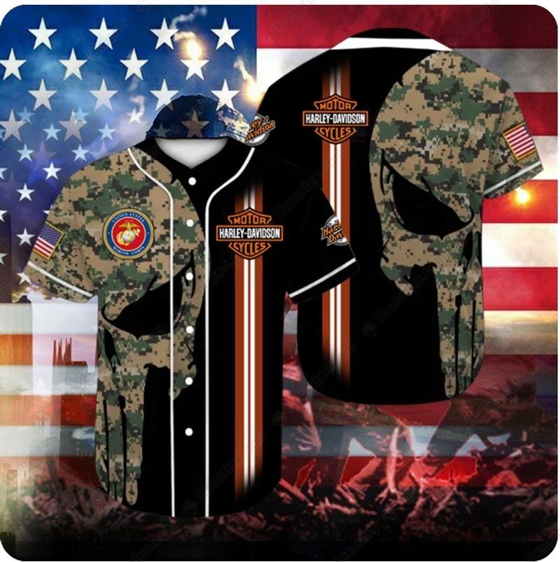 Harley-Davidson USMC Punisher Skull Camo Baseball Jersey with Marine Corps Emblem Harley-Davidson USMC Punisher Skull Camo Baseball Jersey with Marine Corps Emblem