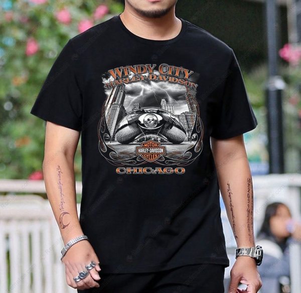 Harley-Davidson Windy City Chicago T-Shirt with Vintage Skyline and Skull Design