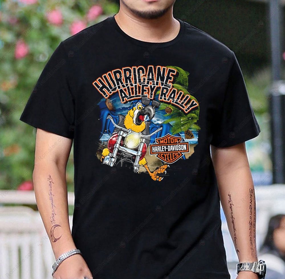 Hurricane Alley Rally Parrot Biker T-Shirt with Motorcycle Artwork for Harley-Davidson Fans Hurricane Alley Rally Parrot Biker T-Shirt with Motorcycle Artwork for Harley-Davidson Fans