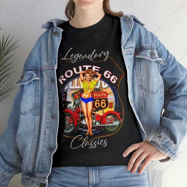 Legendary Route 66 Pin-Up Girl Graphic Tee with Vintage Motorcycle Art