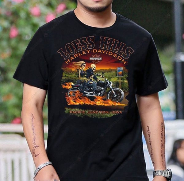 Loess Hills Harley-Davidson Skeleton Rider Graphic Tee with Flames and Motorcycle Art