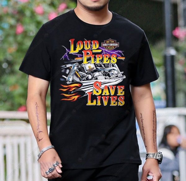 Loud Pipes Save Lives Vintage Harley-Davidson Motorcycle Graphic Tee for Bikers
