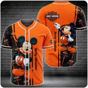 Mickey Mouse Harley-Davidson Retro Baseball Jersey with Vibrant Orange Design