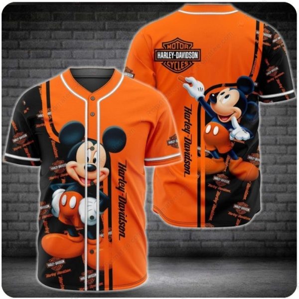Mickey Mouse Harley-Davidson Retro Baseball Jersey with Vibrant Orange Design