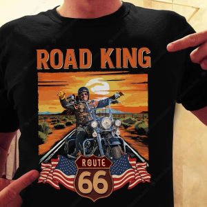 Road King Route 66 Motorcycle Graphic Tee Vintage Sunset Design