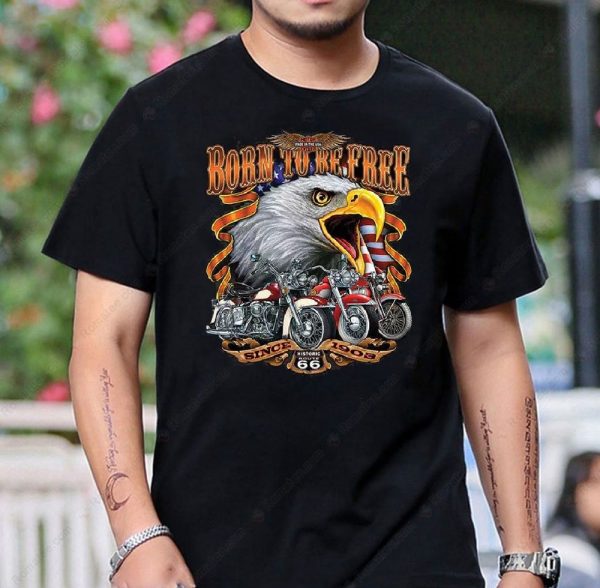 Route 66 Eagle Flag Graphic Tee with Motorcycle Design – Born To Be Free Vintage Apparel