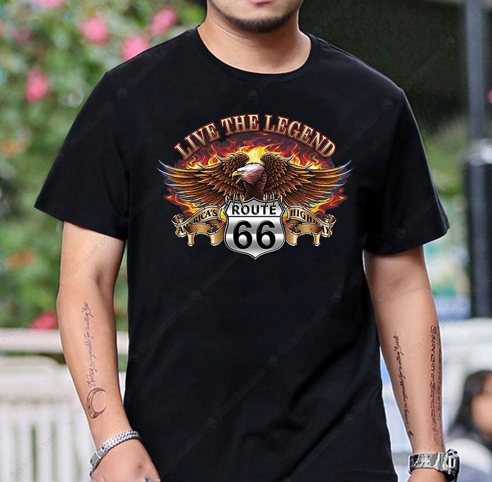 Route 66 Eagle Flame Graphic Tee - Live The Legend Vintage Motorcycle Art Shirt Route 66 Eagle Flame Graphic Tee - Live The Legend Vintage Motorcycle Art Shirt