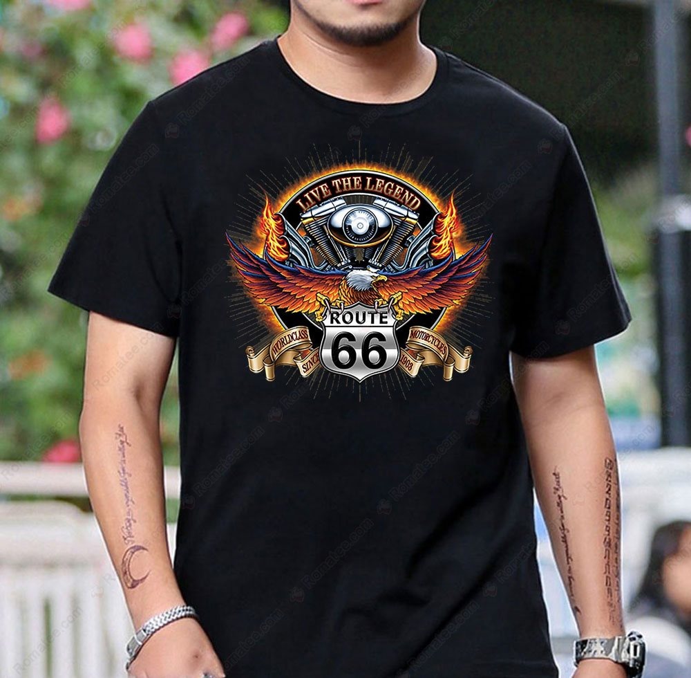 Route 66 Eagle Flame Graphic Tee - Live the Legend Motorcycle Art Shirt Route 66 Eagle Flame Graphic Tee - Live the Legend Motorcycle Art Shirt