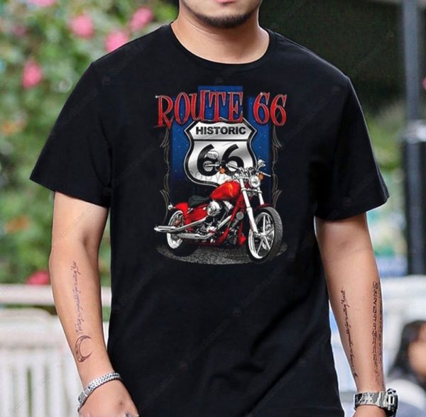 Route 66 Historic Motorcycle Graphic Tee Shirt for Riders and Road Trip Enthusiasts