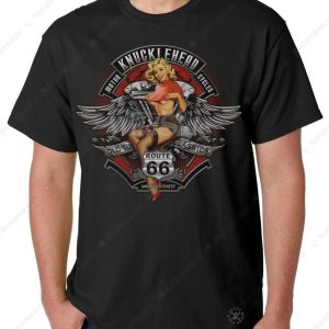 Route 66 Knucklehead Vintage Motorcycle Art T-Shirt with Retro Pin-Up Design