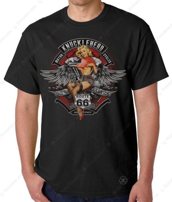 Route 66 Knucklehead Vintage Motorcycle Art T-Shirt with Retro Pin-Up Design