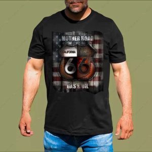 Route 66 Mother Road Gas & Oil Vintage Graphic Tee with American Flag Design