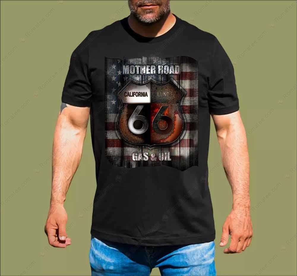 Route 66 Mother Road Gas & Oil Vintage Graphic Tee with American Flag Design Route 66 Mother Road Gas & Oil Vintage Graphic Tee with American Flag Design