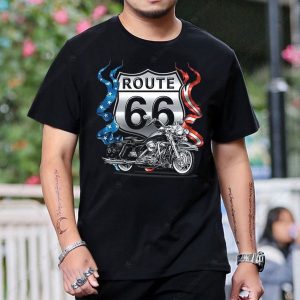 Route 66 Motorcycle T-Shirt with American Flag Graphic and Vintage Style Design