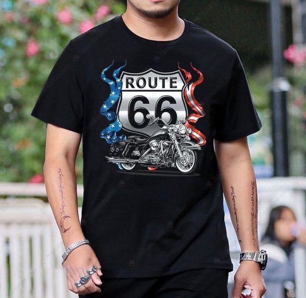 Route 66 Motorcycle T-Shirt with American Flag Graphic and Vintage Style Design