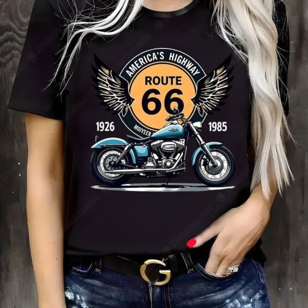 Route 66 Motorcycle Wings Vintage Graphic Tee, Retro Americana Black Shirt
