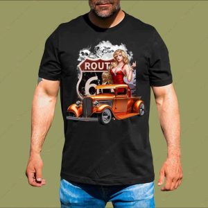 Route 66 Pin-Up Girl Vintage Car Graphic Tee for Classic Car Enthusiasts