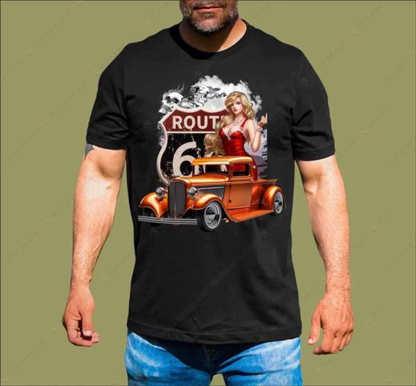 Route 66 Pin-Up Girl Vintage Car Graphic Tee for Classic Car Enthusiasts