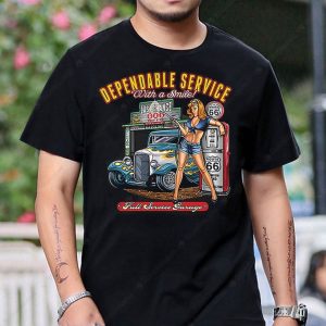 Route 66 Pin-Up Girl Vintage Garage Tee with Classic Car Illustration