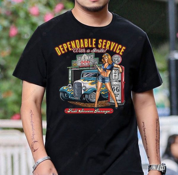 Route 66 Pin-Up Girl Vintage Garage Tee with Classic Car Illustration