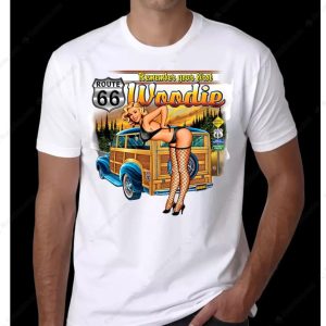 Route 66 Pin-Up Girl Woodie Vintage Graphic Tee Shirt Classic Car Art