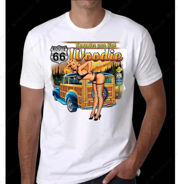 Route 66 Pin-Up Girl Woodie Vintage Graphic Tee Shirt Classic Car Art