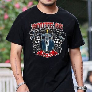 Route 66 Ride Free Motorcycle Graphic Tee with Checkered Flags and Vintage Design