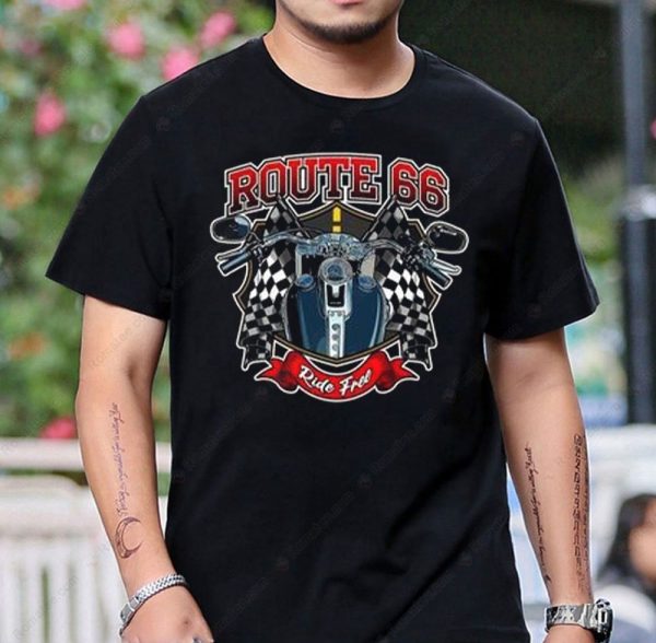 Route 66 Ride Free Motorcycle Graphic Tee with Checkered Flags and Vintage Design