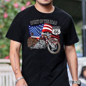 Route 66 Spirit Of The Road Motorcycle T-Shirt with American Flag Graphic