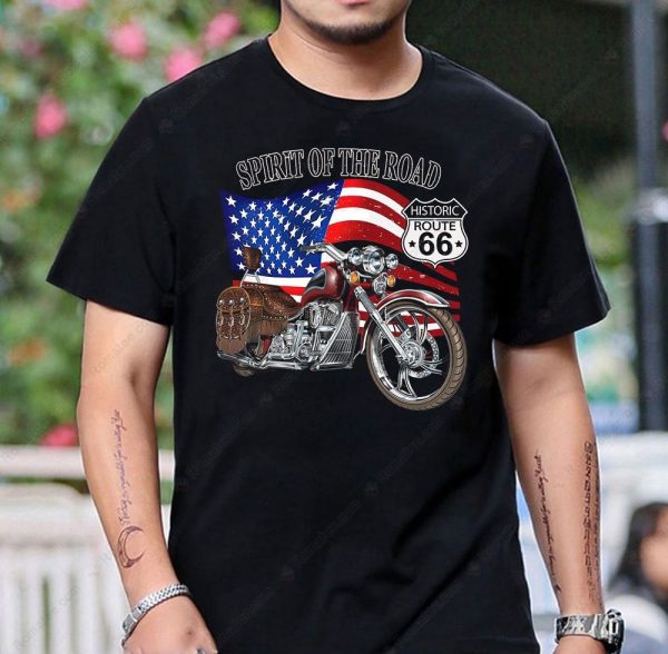 Route 66 Spirit Of The Road Motorcycle T-Shirt with American Flag Graphic
