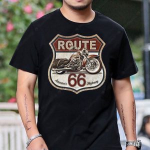Route 66 Vintage Motorcycle Graphic T-Shirt, Retro American Highway Art Tee