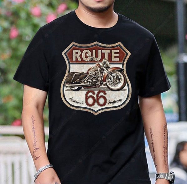 Route 66 Vintage Motorcycle Graphic T-Shirt, Retro American Highway Art Tee