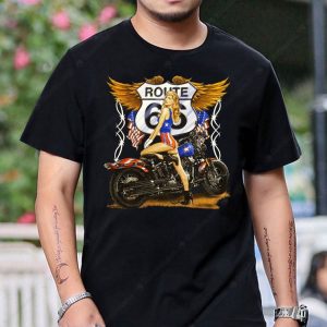 Route 66 Vintage Pin-Up Girl Motorcycle Graphic Tee Shirt for Biker Enthusiasts