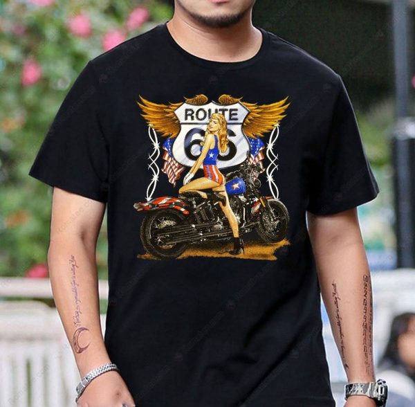 Route 66 Vintage Pin-Up Girl Motorcycle Graphic Tee Shirt for Biker Enthusiasts