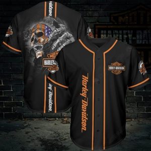 Skull American Flag Harley-Davidson Custom Baseball Jersey with Distressed Artwork