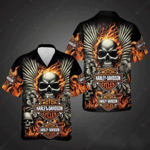 Skull Flame Harley-Davidson Hawaiian Shirt with Wings and Floral Design
