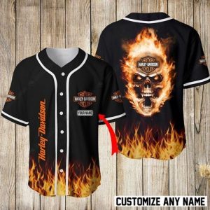 Skull Flaming Harley-Davidson Custom Baseball Jersey with Personalized Design and Bold Artwork