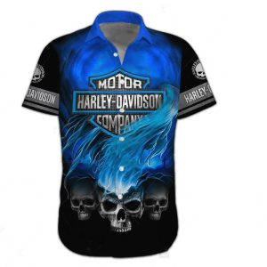 Skull Harley-Davidson Blue Flames Button-Up Shirt for Biker Enthusiasts