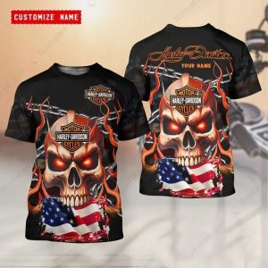 Skull Harley-Davidson Flag Custom Shirt with Fiery Design and Motorcycle Theme
