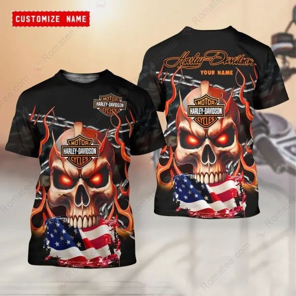 Skull Harley-Davidson Flag Custom Shirt with Fiery Design and Motorcycle Theme Skull Harley-Davidson Flag Custom Shirt with Fiery Design and Motorcycle Theme