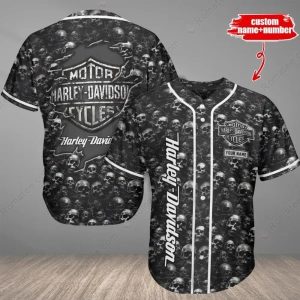 Skull Print Harley-Davidson Baseball Jersey with Custom Name Option for Bikers