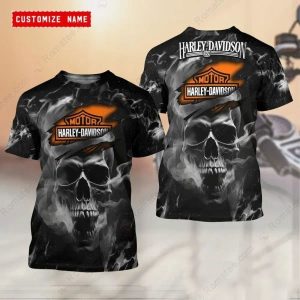 Skull Smoke Harley-Davidson Graphic Tee with Fiery Logo Design
