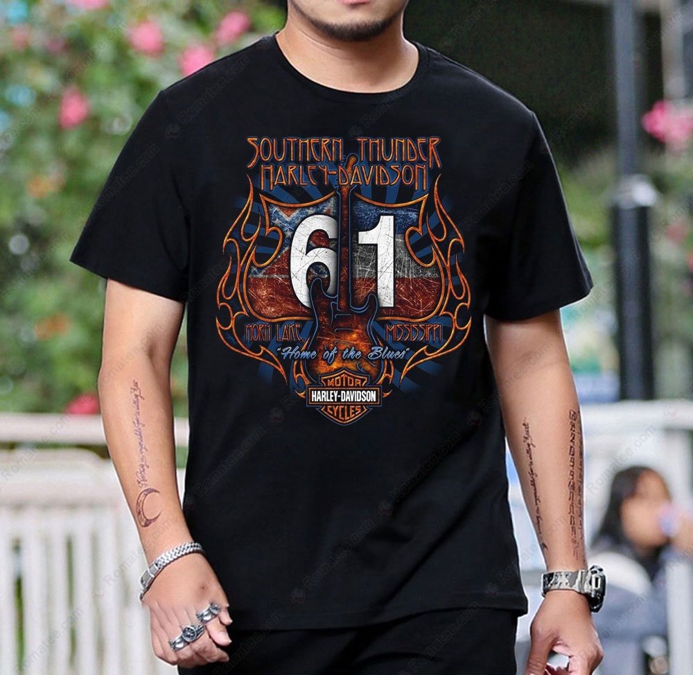 Southern Thunder Harley-Davidson Blues Guitar Flames T-Shirt for Music Lovers Southern Thunder Harley-Davidson Blues Guitar Flames T-Shirt for Music Lovers