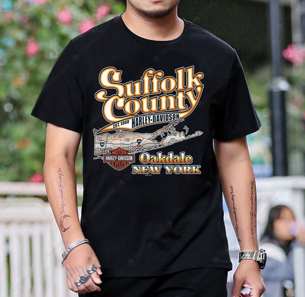 Suffolk County Harley-Davidson Oakdale NY Vintage Motorcycle Graphic Tee Suffolk County Harley-Davidson Oakdale NY Vintage Motorcycle Graphic Tee