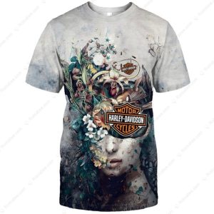 Surreal Floral Harley-Davidson T-Shirt with Artistic Face Design and Logo