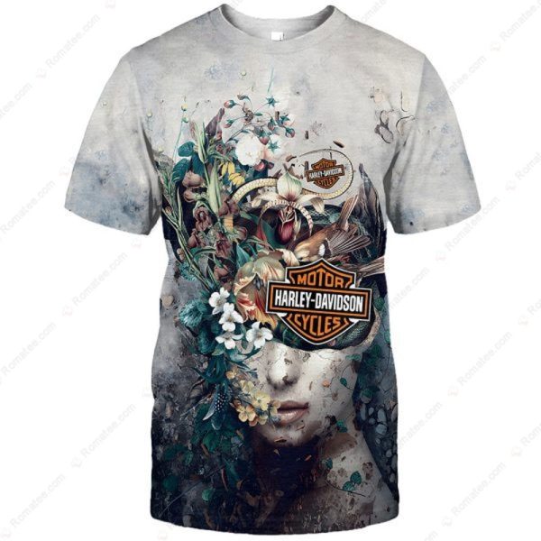Surreal Floral Harley-Davidson T-Shirt with Artistic Face Design and Logo