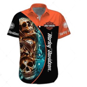 Three Wise Skull Harley-Davidson Hawaiian Shirt with Tribal Art and Bold Colors