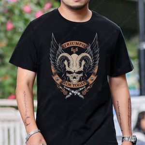Triumph Skull Wings Biker T-Shirt with Ram Horns and Crossed Swords Design