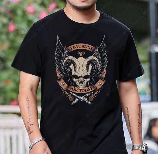 Triumph Skull Wings Biker T-Shirt with Ram Horns and Crossed Swords Design