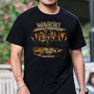 Waikiki Harley-Davidson Hawaii Tropical Sunset Graphic Tee with Tiki Statue Design